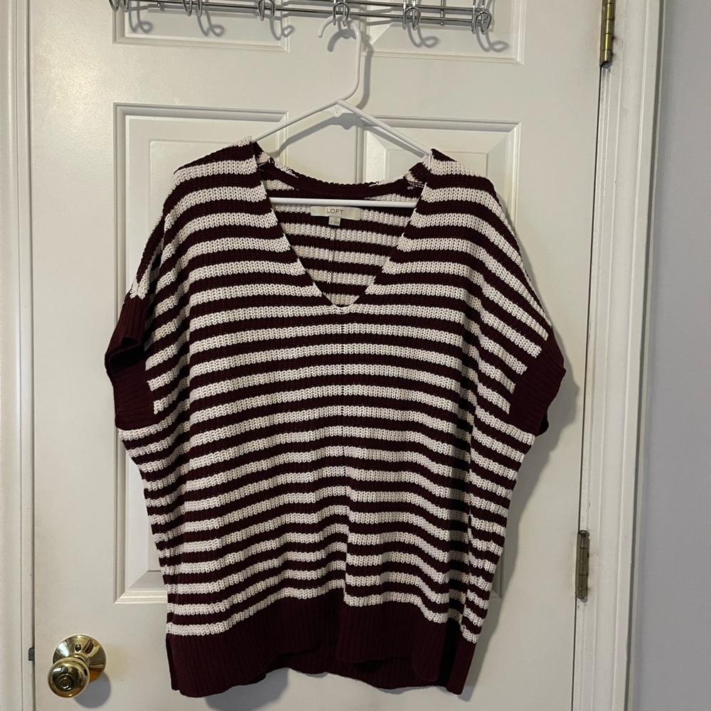 LOFT Maroon and Cream V-Neck Sweater